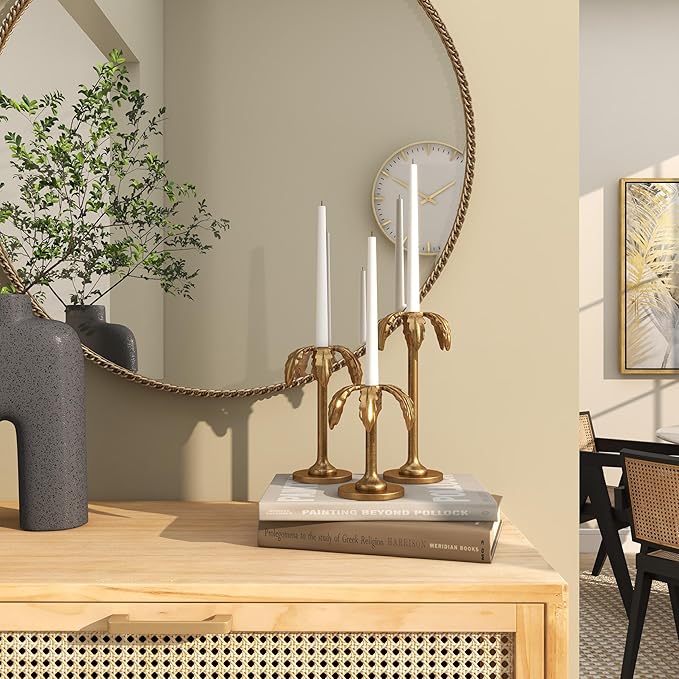 Deco 79 Aluminum Metal Decorative Candle Holder Palm Tree Candle Stand, Set of 3 Candlestick Holder 6", 8", 10"H, Gold