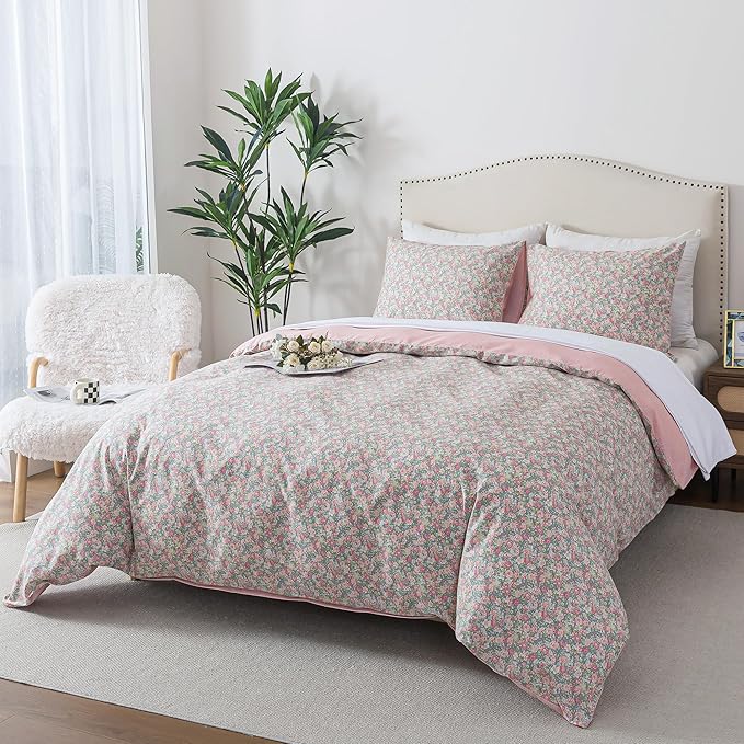 HoneiLife Floral Duvet Cover Queen - 100% Cotton Comforter Cover, Soft & Breathable Bedding Duvet Cover Sets with Zipper Closure & Corner Ties, 3-Piece Wildflower Comforter Cover Sets, Rose