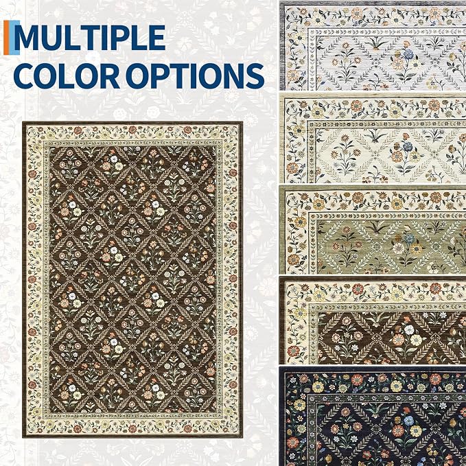 GarveeHome Large Entryway Rug 3x5 Floral Washable Area Rugs Vintage Soft Non-Slip Small Floor Carpet Doormat Stain Resistant Low-Pile Ultra-Thin Entry Mat for Bedside Kitchen Brown