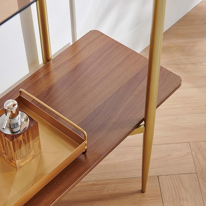 Rectangle Glass Console Table, Mid-Century Modern Design, L41*W14*H32 inch, for Living Room, Amber Glass Top and Walnut Finish Wood Shelf, Conical Metal Legs with Gold Finish
