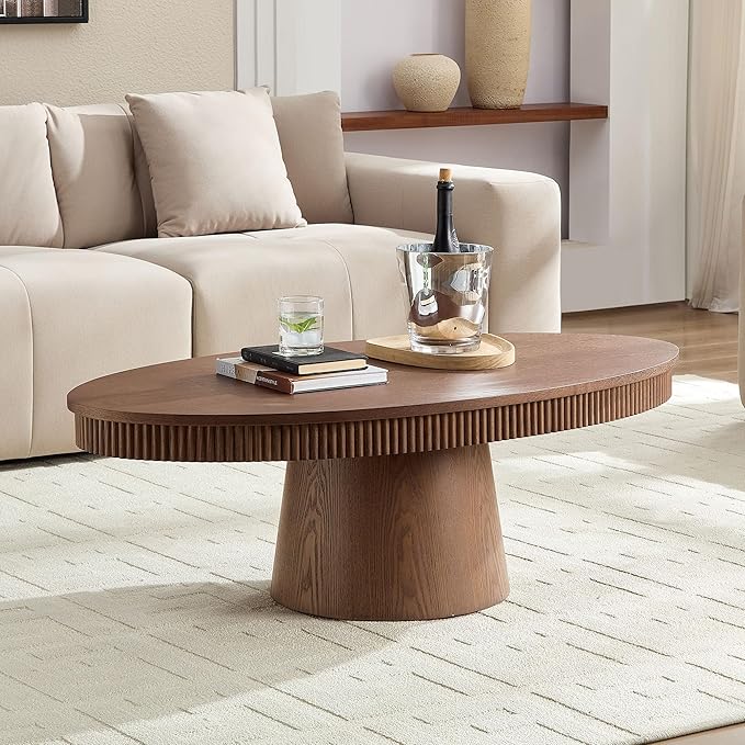 47.24" Oval Coffee Table Modern Handcraft Drum Center Table with Sturdy Pedestal for Living Room Apartment, Walnut