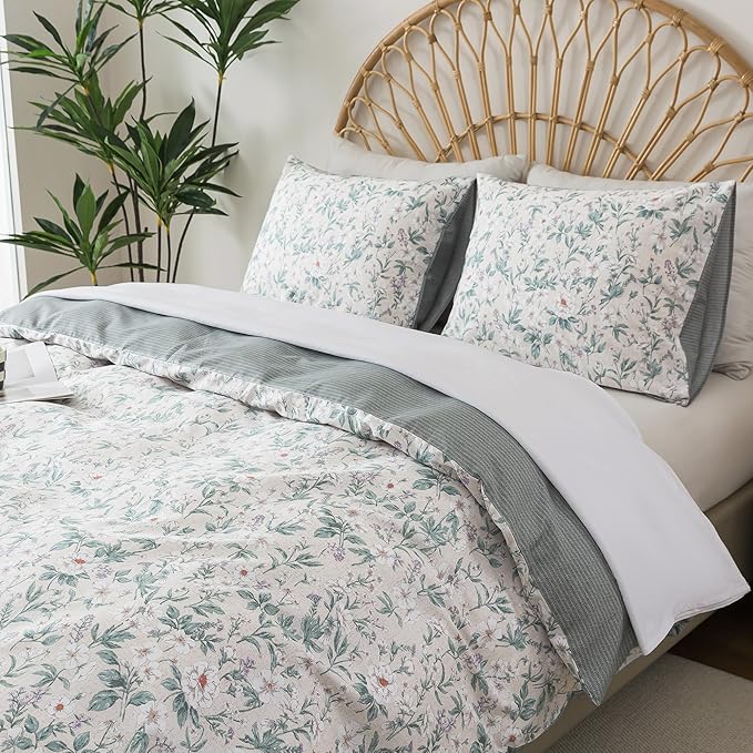 HoneiLife Floral Duvet Cover King - 100% Cotton Comforter Cover, Soft Botanical Bedlinen Set with Zipper Closure & Corner Ties,3-Piece Wildflower Comforter Cover Sets, Greenery