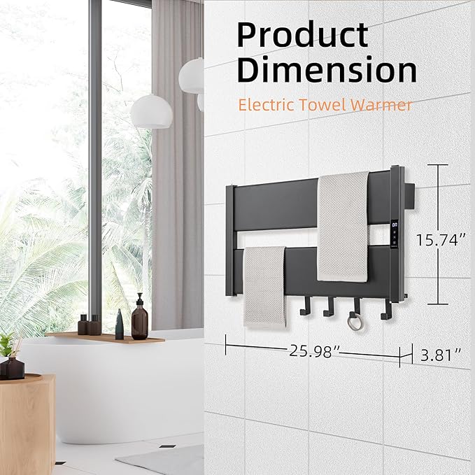 K&KALONZO Towel Warmer for Bathroom, Wall-Mounted Heated Towel Rack with Built-in Timer, Waterproof Alumnimum Electric Towel Heater, Support Plug-in and Hardwired, Black, H2-B