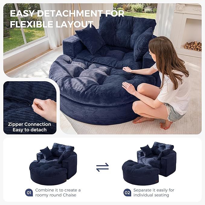 MAXYOYO Oversized Round Chaise Lounge Sofa, Upholstered Lounge Chair with 3 Pillows, Boneless Sofa Couch with Ottoman, Deep Seat Chair for Living Room, Bedroom, No Assembly, Navy