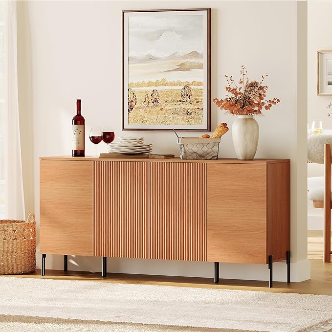 WAMPAT 61.5" Large Fluted Buffet Cabinet with Storage, Modern Buffet Table Coffee Bar Wine Bar Storage Organizer with 4 Doors for Kitchen, Dining Room, Hallway, Mocha