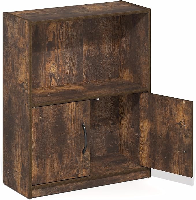 Furinno Gruen Book Shelf, 2-Tier Small Bookshelf, Bookcase with Open Shelf and Doors Storage Cabinet, 9.3 x 21.8 x 27, for Organization and Storage, for Living Room, Bedroom, Home Office, Amber Pine