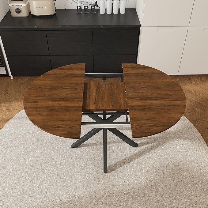 Round Dining Table Set for 6, 43-59" Extendable Dining Room Table Set, Walnut Wood Grain Table and 6 Dark Gray Linen Upholstered Chairs Set, Mid Century Modern Kitchen Table Set with Cross Legs