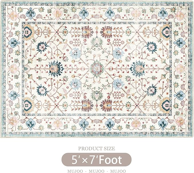 MUJOO 5x7 Area Rugs,Washable Rugs for Living Room Bedroom Bedside,Blue Boho Non Slip Carpet Indoor,Vintage Soft Teal and Pink Floral Rug