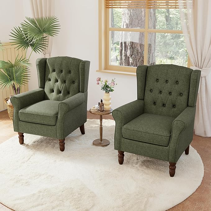 Accent Chairs Set of 2, High Back Upholstered Chair with Button Tufted, Mid-Century Modern Comfy Wingback Chair Reading Armchair in Fabric for Living Room for Bedroom, Office-Green