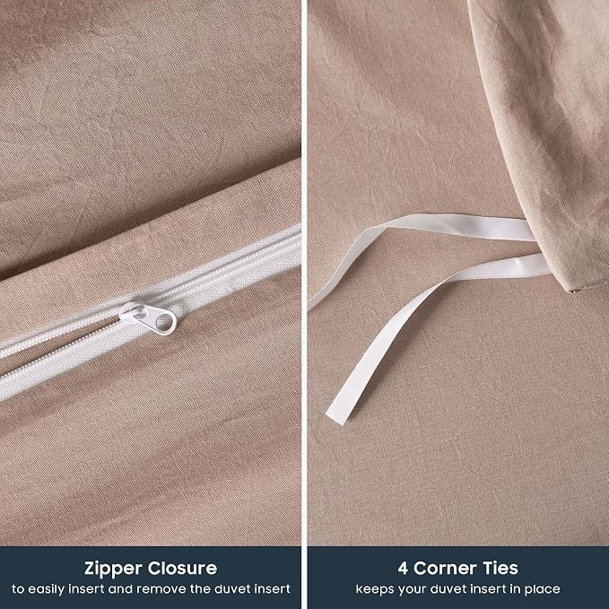 Wake In Cloud - Cotton Duvet Cover Set, 100% Washed Cotton, Linen Like Textured, Breathable Durable Comfy Farmhouse Neutral Bedding Set, 3 Pieces, Dusty Pink, Queen Size