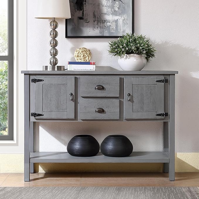 Merax Farmhouse Kitchen Sideboard Buffet Storage Cabinet with Drawers and Doors, Wood Sideboard Storage Cabinet with Open Shelf for Living Room Kitchen Dining Room, Antique Gray