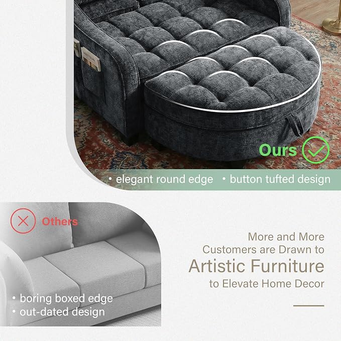 Round Chaise Lounge Chair with Storage Ottoman, Oversized Bubble Chair and a Half Featuring Adjustable Backrest, Plush Reading Accent Chair and Ottoman Set for Bedroom, Matte Black