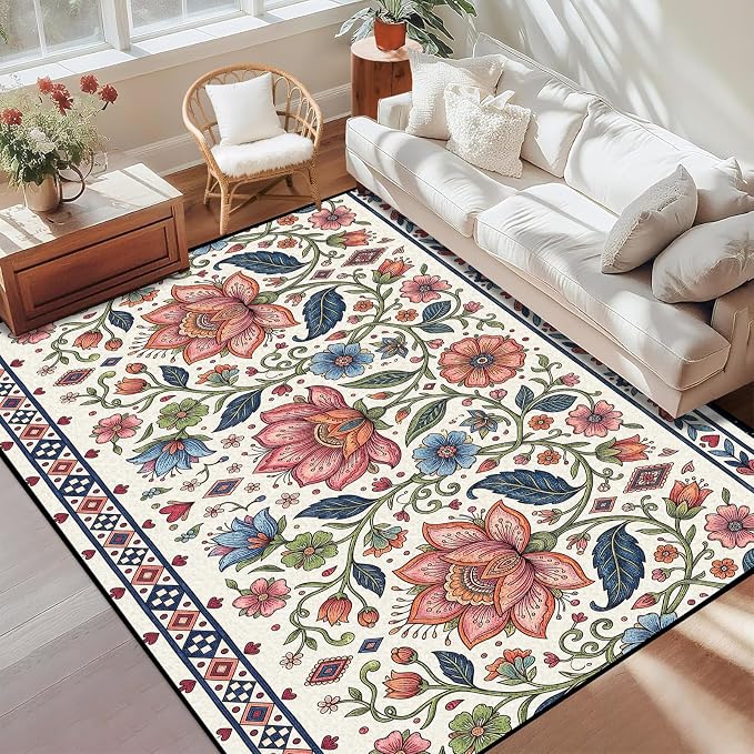 3'x5' Boho Floral Area Rug Vintage Colorful Botanical Carpet Non-Slip Washable Rugs for Entryway Bedroom Living Room Nursery Kitchen Playroom Home Decor