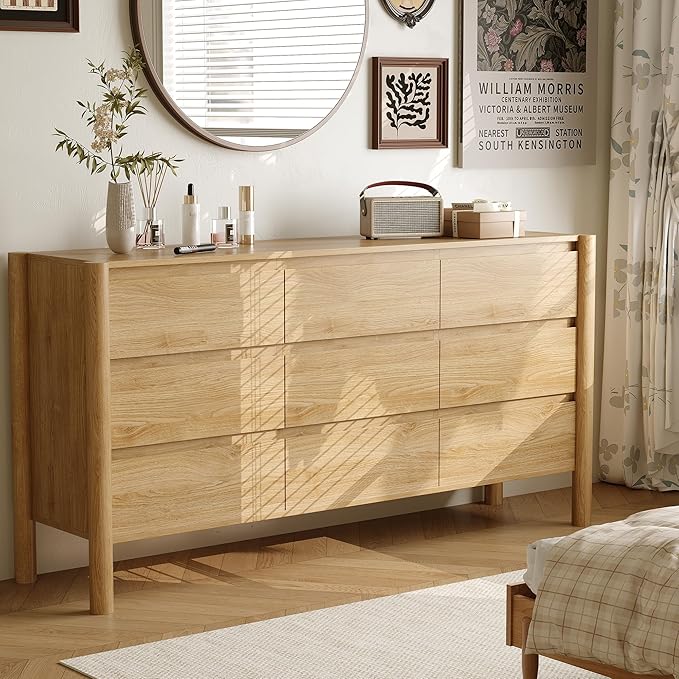 Dresser for Bedroom,9-Drawers,63" Wide Farmhouse Large Dressers & Chest,4 Solid Wood Legs,TV Stand, Storage Organizer Furniture for Bedroom(Oak)