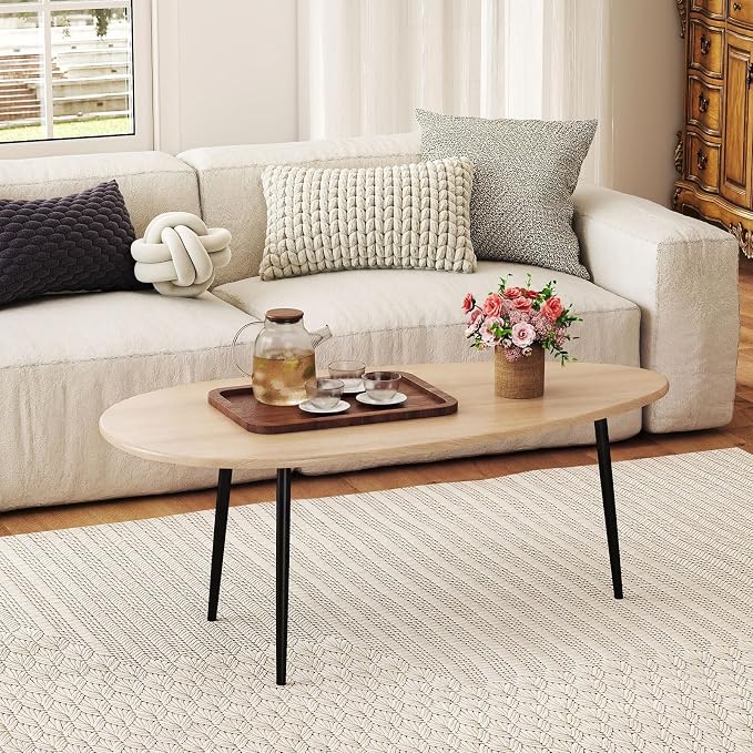 Giantex Oval Coffee Table, Mid Century Modern Center Table with Sturdy Metal Frame and Compact Design, Vintage Accent Cocktail Tea Table, Wood Living Room Tables for Small Spaces (Natural)
