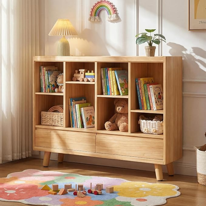 YOSHOOT 8 Cube Bookshelf with 2 Drawers - 42.5" Wood Cube Bookcase with Legs, Open Cubby Bookshelves for Bedroom, Living Room,Home Office, Nature