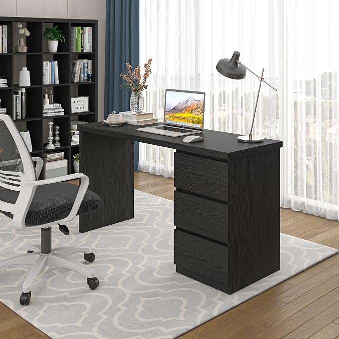 furtble Computer Desk with Drawers, 53.5 inches Wood Work Desk, Home Office Desks Workstation with Storage, Modern Gaming Computer Table for Bedroom, Living Room, Black