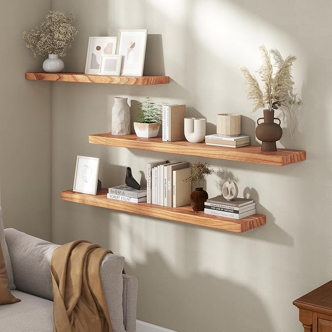 Fun Memories 48 Inch Floating Shelves, Rustic Solid Wood Wall Shelves Set of 1, 8 Inch Deep Floating Shelf for Bathroom, Bedroom, Heavy-Duty Wooden Shelf Wall-Mounted for Home Decor & Storage