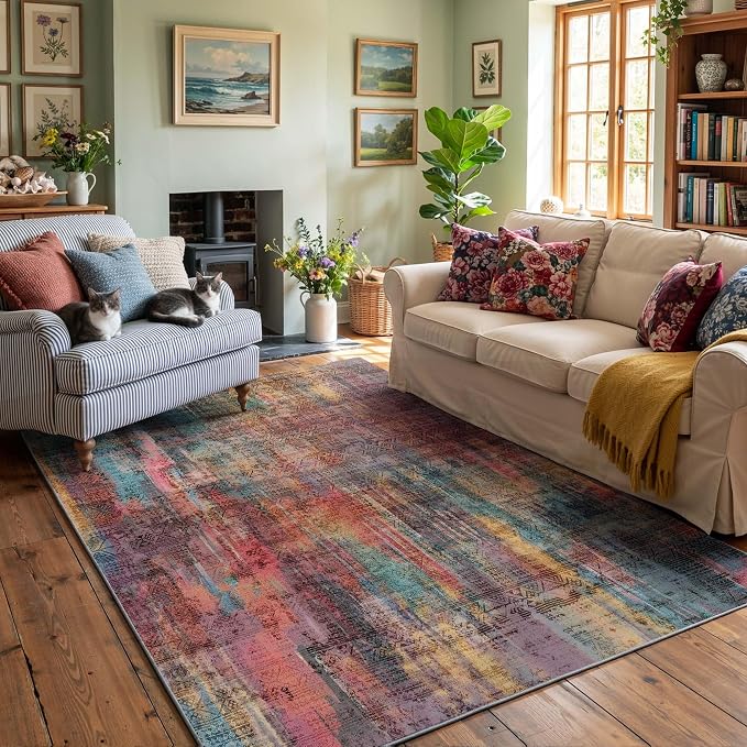 Kokia Abstract Area Rugs Washable Indoor 6x9 Rug Boho Distressed Retro Low Pile Non-Slip Non-Shedding Brick Ochre Carpet Bedroom Living Room Dining Room, Oslo Cave