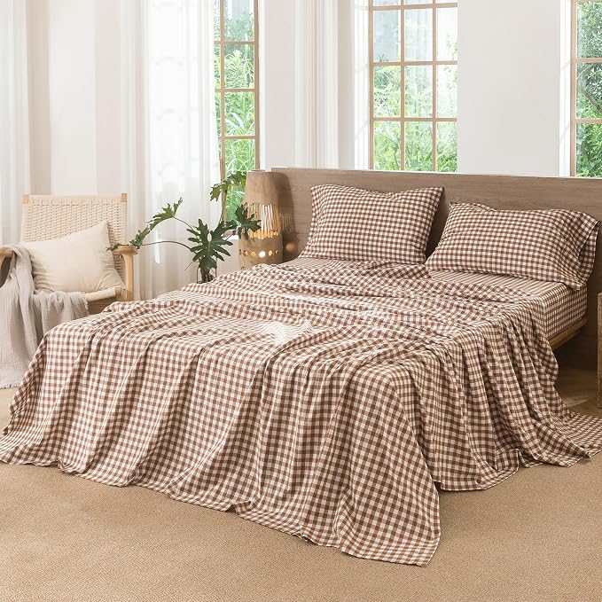 MooMee Gingham Sheet Set 100% Washed Cotton Linen Like Textured Breathable Soft w/Fully Elasticized 16-19" Deep Pocket (Classic Gingham Dark Orange, King)