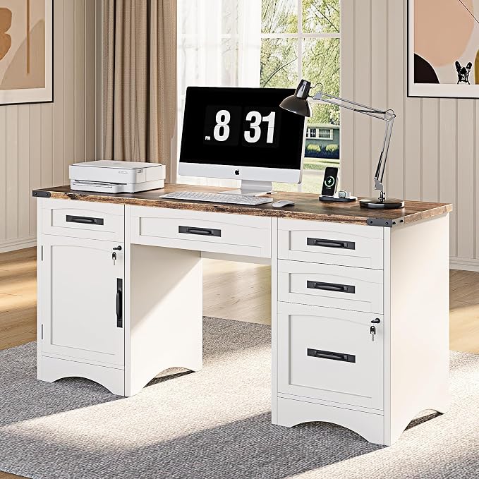 Decofy Farmhouse Executive Desk with Drawers, 55" Home Office Desks with Fast Charging Station, Lockable File Cabinet, Wood Writing Computer Desk for Work, Study, White