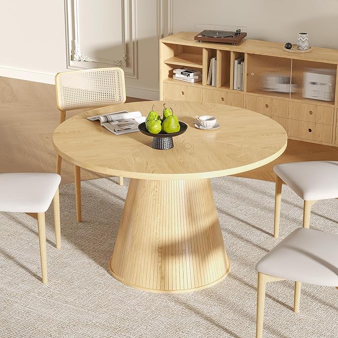 Round Dining Table for 4, Farmhouse Fluted Dining Kitchen Table, 47 Inch Modern Wood Small Circle Dining Table for Kitchen Living Room (Wood, 47inch)