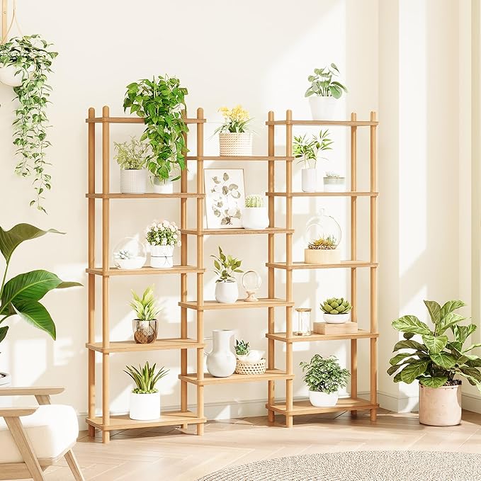 IOTXY Wooden Triple Wide Bookshelf - 5-Tier Large Shelf Bookcase with Solid Beech Frame, Tall Freestanding Open Etagere Display Rack for Home Office, Oak