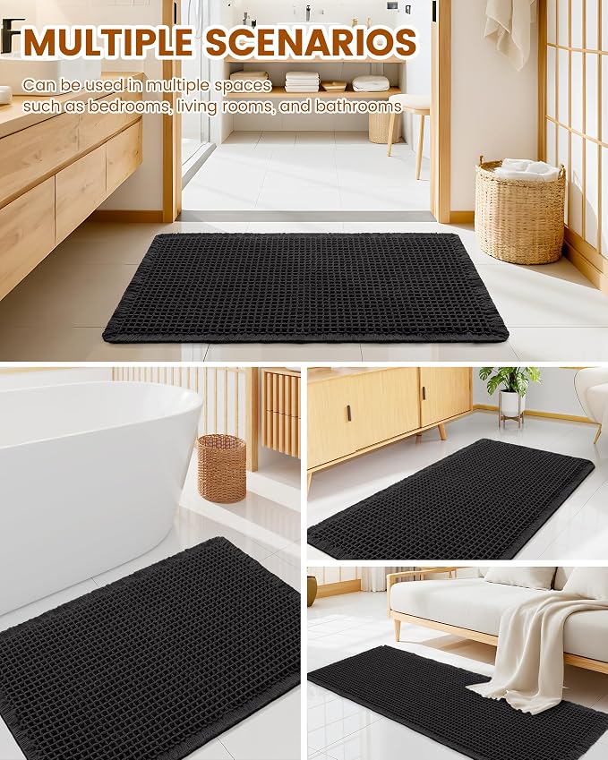 Smiry Waffle Bath Mat 59x35, Extra Soft Absorbent Bathroom Rugs, Non Slip Machine Washable Quick Dry Bath Rugs for Bathroom Floor, Tub, Shower, Home Decor Accessories, Black