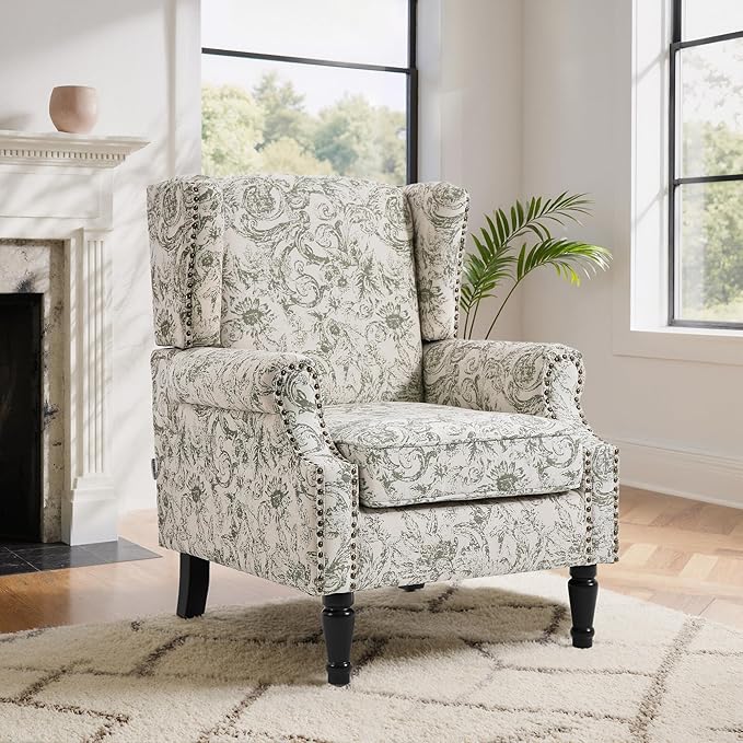 Wingback Chairs Set of 2, High Back Floral Accent Chair in Fabric, Comfy Upholstered Armchair with Nailhead Trim for Living Room, Single Sofa Reading Chair for Small Spaces, Bedroom-Rococo Green