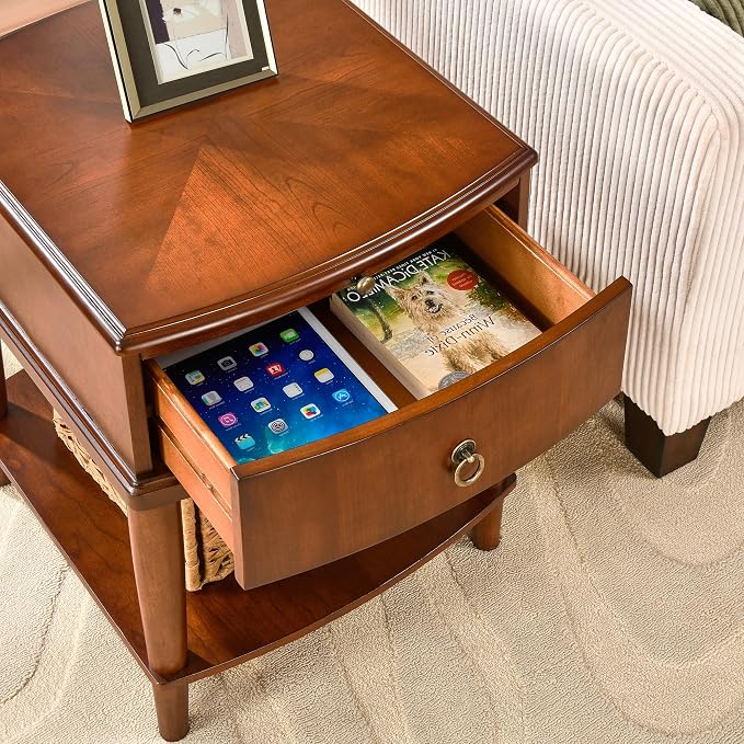 Traditional Wood End Table with Drawer and Storage Shelf, Hardwood Beside Table with Pull-Out Divider, Modern Vintage Sofa Chair Side Table Nightstand for Living Room Bedroom, Cherry Brown 1569MG