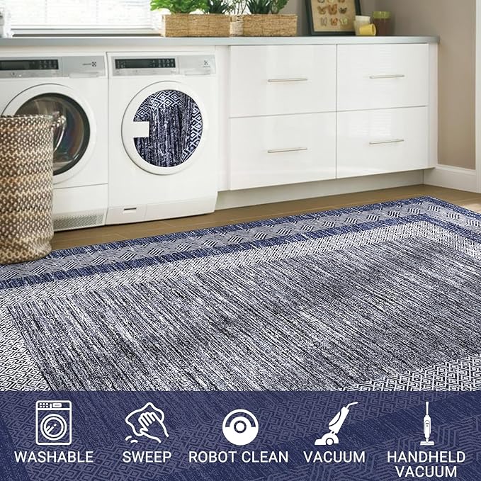 GarveeHome Washable 2.5x10 Kitchen Runner Navy Blue Rug, Easy Clean Geometri Rugs for Hallway Entryway, Indoor Outdoor Non Slip Rug Farmhouse Morden Carpet Door Mat Area Rug for Laundry Room Grey