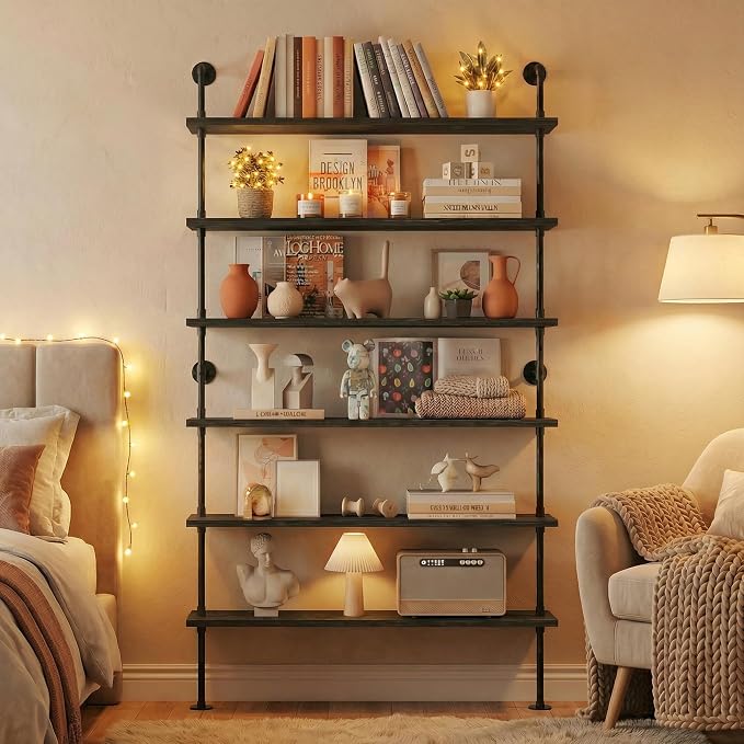 6 Tier Industrial Ladder Shelf Bookcase, Wall Mounted Rustic Bookshelf for Living Room Decor and Storage (Black, 6 Tier - 10" D x 48" W x 82.5" H)