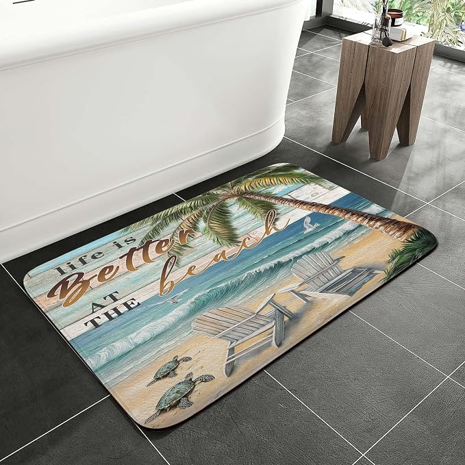 Beach Sea Turtle Seagull Palm Tree Ocean Bathroom Rugs Mat, Non Slip Rustic Beach Bath Rugs for Bathroom, Durable Rustic Wooden Flannel Mat Rug, Absorbent Water Mats for Laundry Room Kitchen,16X24