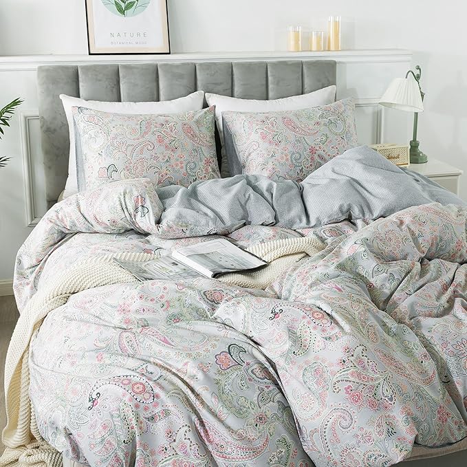 HoneiLife Wildflower Duvet Cover Queen - 100% Cotton Comforter Cover Sets, 3-PC Comfortable Floral Duvet Cover Sets,Soft & Breathable Duvet Cover with Zipper Closure & Corner Ties, Paisley