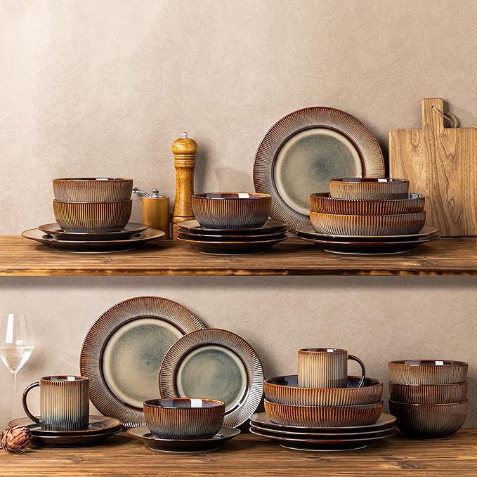TheTerra Stoneware Dinnerware Sets for 4, 12 Pieces Ceramic Plates and Bowls Sets, Scratch Resistant Embossed Dish Set, Oven, Microwave & Dishwasher Safe, Coca Mocha