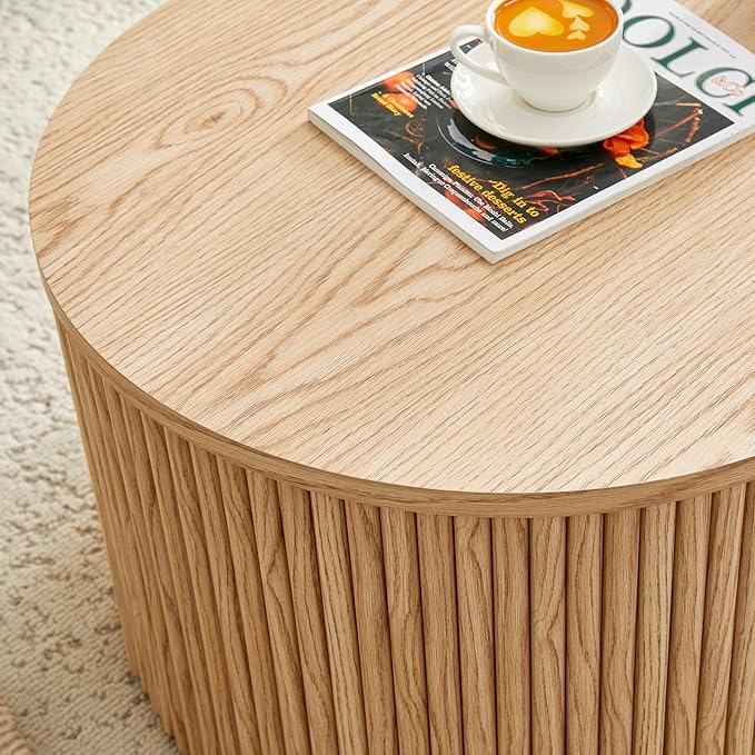 Oval Coffee Table, 47.5" Coffee Table with Storage, Fluted Accent Center Table with Textured Roman Column Patterns, Mid Century Modern Coffee Tables for Living Room, Office, Apartment, Natural