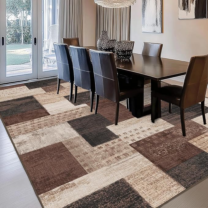 Modern Geometric Patchwork Indoor Area Rug for Living Room, Chocolate 6'x 9' Large Rug Rockwood Collection Hardwood Floors Decor for Bedroom, Brown Throw Carpet for Office Entryway Dining Room