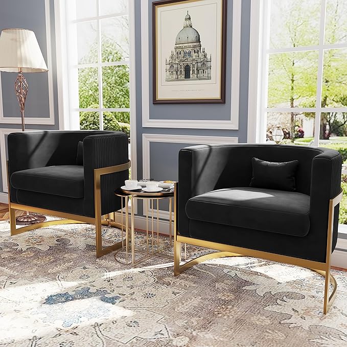Velvet Accent Chair Gold Modern Barrel Chair Upholstered Arm Chairs for Bedroom Living Room Sofa Chair Club Chairs Black