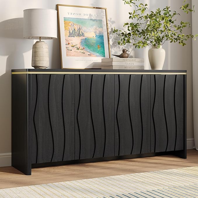 Vabches Fluted Buffet Cabinet with Storage, 3D Ripple Pattern Doors and Curved Edges, Modern Sideboard for Kitchen, Entryway, 4 Doors & Adjustable Shelf, Black, 57.9" W