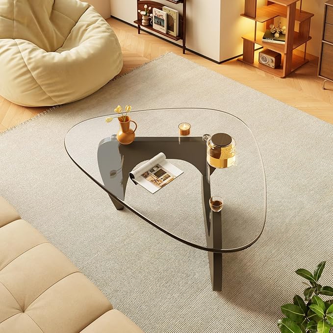 Coffee Tables Glass Small Farmhouse Coffee Table Mid-Century Modern Wood Center Table for Living Room, Black Transparent, 45 Inch