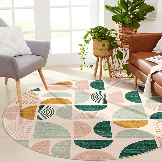 MUJOO Round Rugs 6ft,Circle Area Rug Washable,Circular Rugs for Living Room Dining Room,Large Boho Non Slip Throw Floor Carpet Modern Abstract Sage Green
