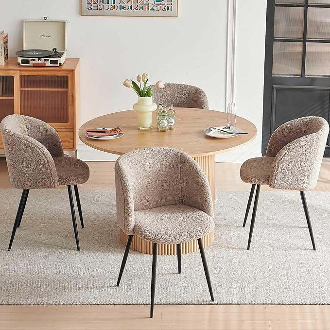 5 Piece Modern Round Dining Table and 4 Brown Barrel Kitchen Chairs Set, 47" Kitchen Coffee Table Wooden with Oak Veneer Tabletop, Faux Fur Sherpa Round Dining Chairs Table Set, Metal Frame