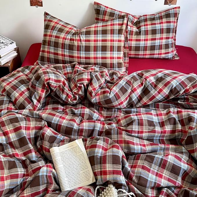 mixinni Vintage Red & Brown Buffalo Plaid Duvet Cover Set Queen Size - 3 Piece Washed Cotton Bedding Set with Classic Checkered Pattern, Cozy Farmhouse Duvet Cover with Pillowcases for All Seasons