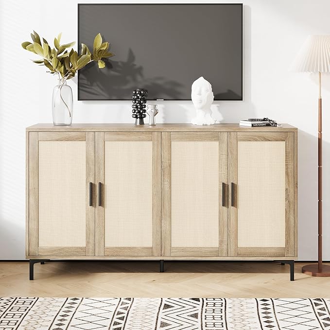 JASIWAY Buffet Cabinet with Storage, 48" Rattan Sideboard with Adjustable Shelves, Modern Coffee Bar Cabinet Console Table with Doors, Credenza for Kitchen, Living Room, Entryway, Dining Room, Wood