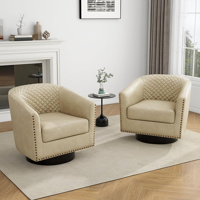 UIXE Faux Leather Swivel Barrel Accent Chair, Upholstered Round Armchair Club Chair for Living Room, Comfy Single Sofa Bedroom Reading Seat - Beige Cream