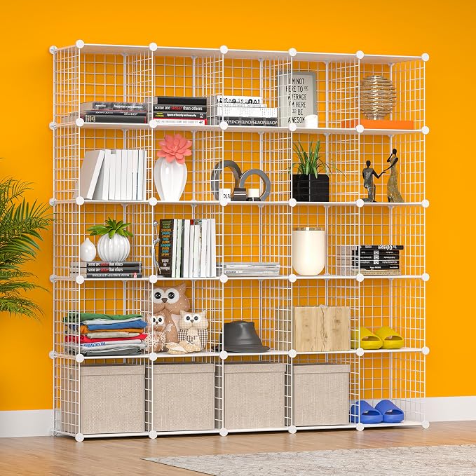 Cube Storage Organizer, Metal 25-Cube Shelves Bookshelf, Portable Closet Clothes Organizer for Bedroom, Home, Office, White