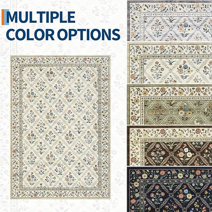 GarveeHome Large Entryway Rug 3x5 Floral Washable Area Rugs Vintage Soft Non-Slip Small Floor Carpet Doormat Stain Resistant Low-Pile Ultra-Thin Entry Mat for Bedside Kitchen Beige