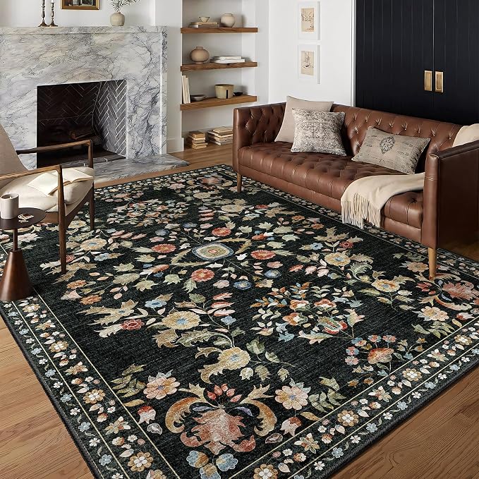 MUJOO Black Rug Washable,Floral 4x6.5 Area Rugs for Bedroom Bedside Living Room,Large Boho Indoor Floor Rug Non Slip Throw Carpet Low Pile Vintage