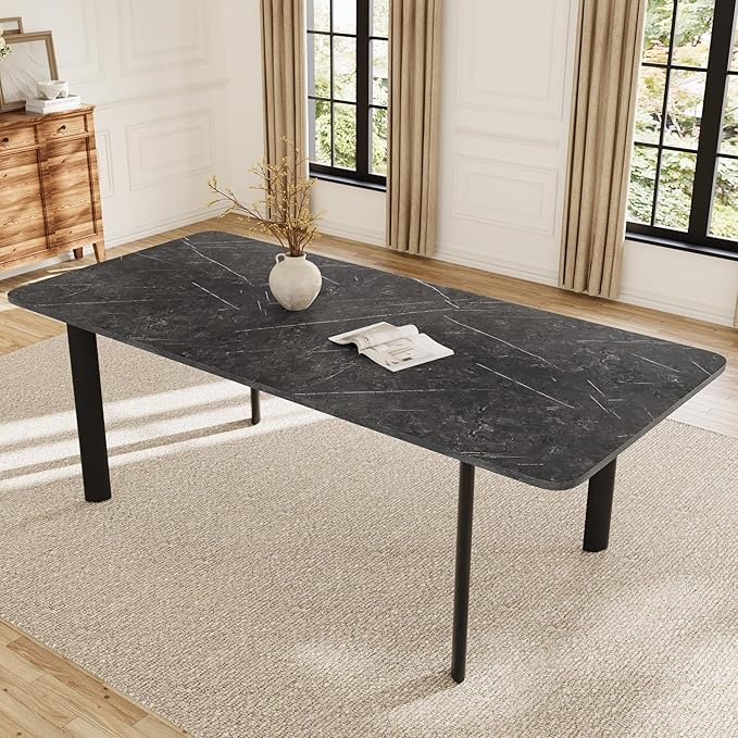 Extendable Dining Table for 6-8 People, 63 to 78.7 Inch Rectangular Table, Dark Grey MDF Kitchen Table with Sturdy Metal Legs, Space-Saving for Dining Room, Breakfast Nook, Small Spaces