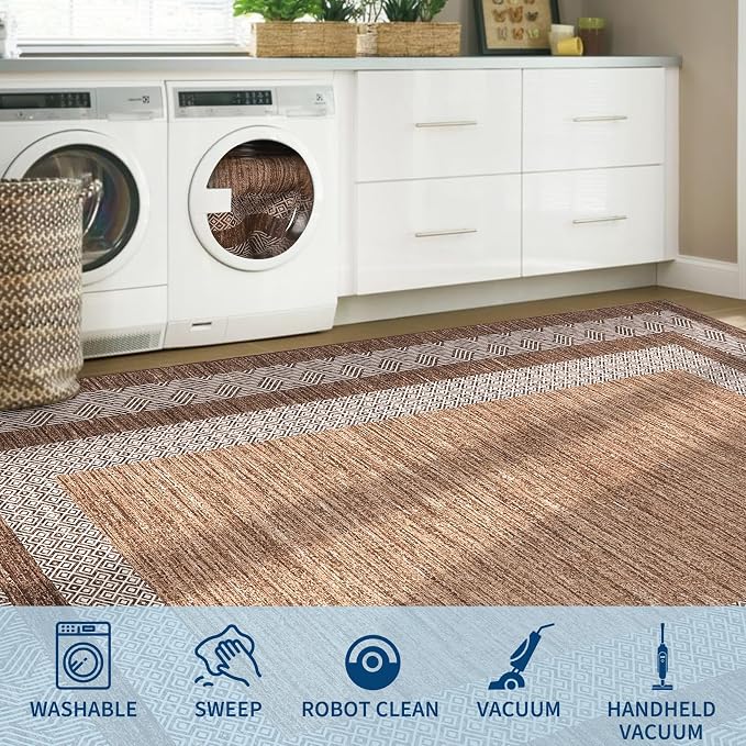 GarveeHome Small Bedroom Area Rug 3x5 Bordered Area Rug for Living Room Nursery Non Slip Kitchen Throw Carpet Low Pile Modern Rugs Washable Bathroom Mat Soft Brown Rugs for Laundry, Dark Brown